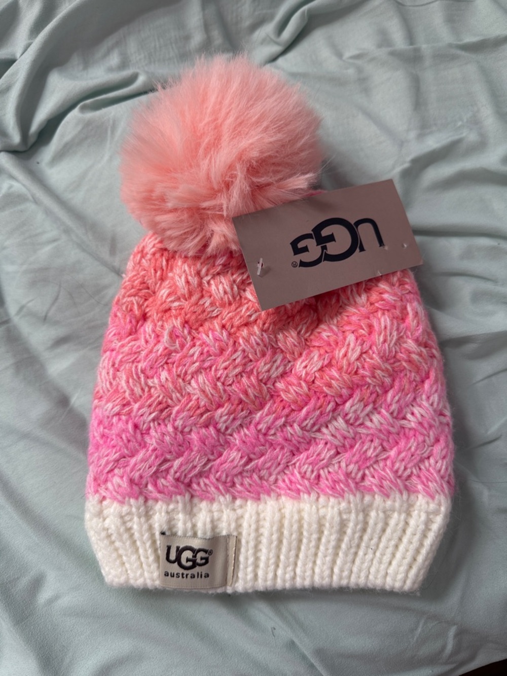 UGG Kids Pink Ombre Pom Knit Beanie with Cream Cuff
